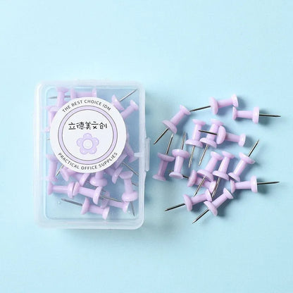 Macaron colour plastic push pins in cherry blossom pink, mint green and lavender, available in large and small sizes
