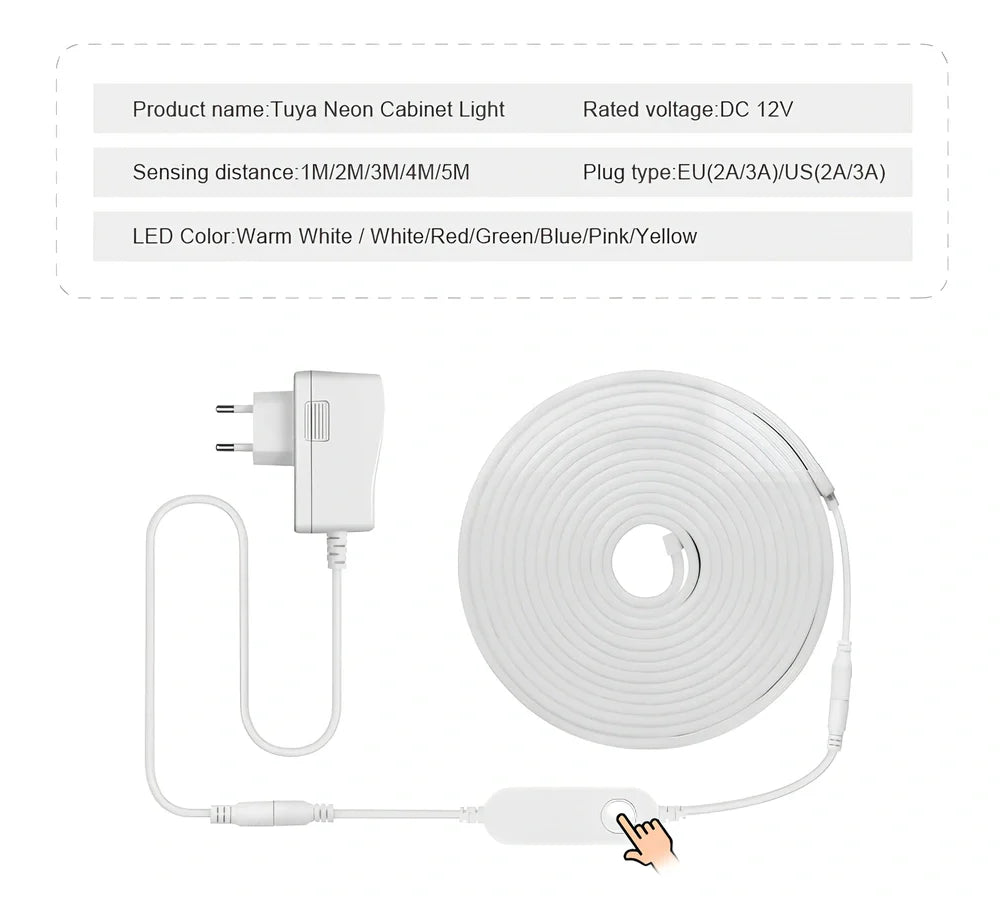 Flexible smart LED neon light strip showing curved installation with mobile app control interface