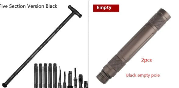 T-shaped telescoping hiking stick with compass, whistle, cutting edge, and glass breaker tip in black or gun grey finish