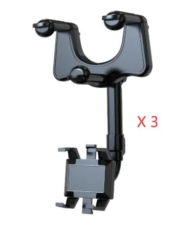 Black rearview mirror phone holder with 360-degree rotation and telescopic arm extended