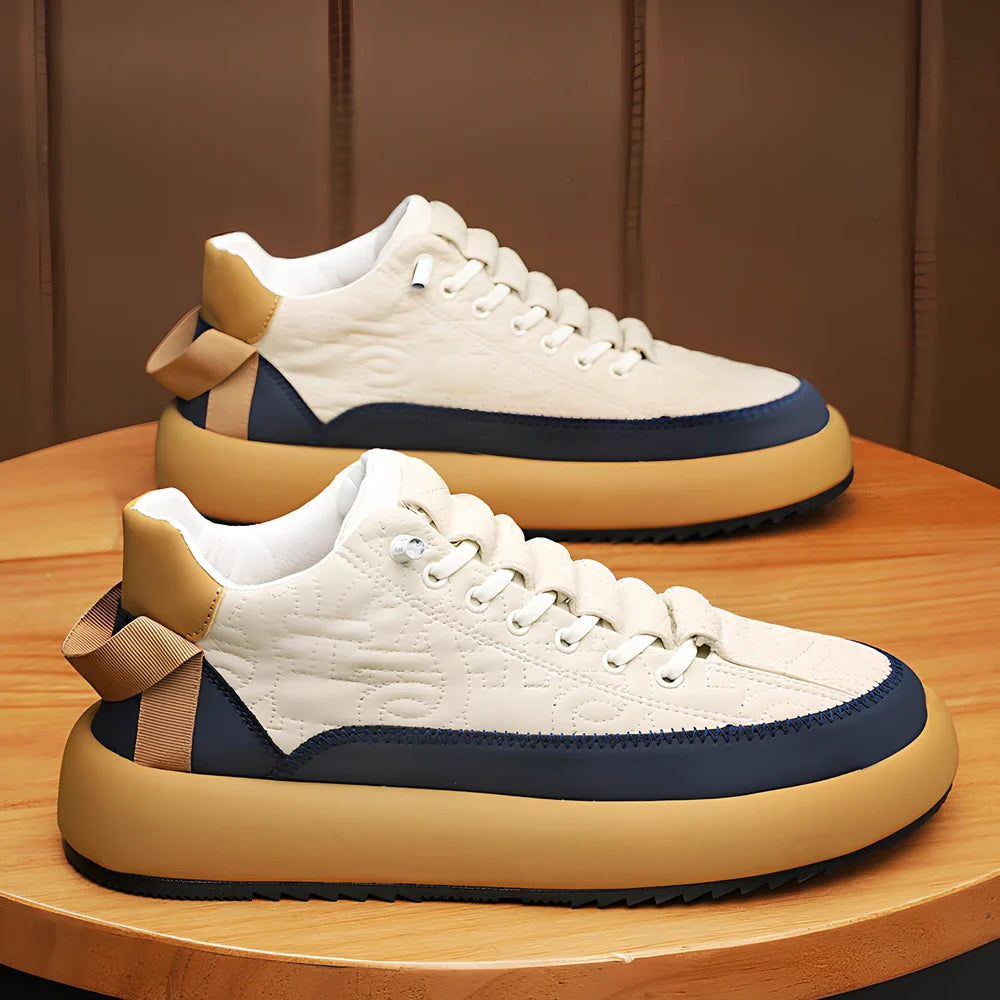 Men's elastic band casual shoes with thick sole in black and orange colour combination