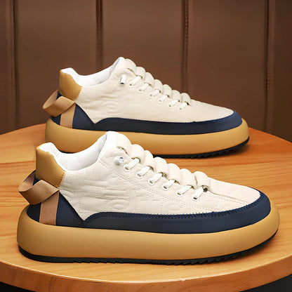 Men's elastic band casual shoes with thick sole in black and orange colour combination