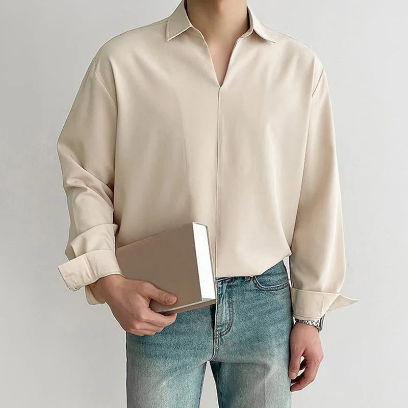 Men's loose lapel casual shirt in slim business style, available in multiple colours and sizes.