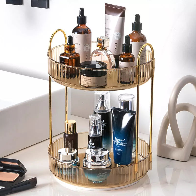 3-layer rotating cosmetic shelf in green, yellow, or white for bathroom organization