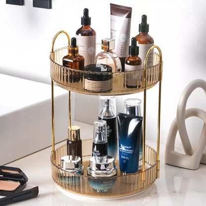 3-layer rotating cosmetic shelf in green, yellow, or white for bathroom organization