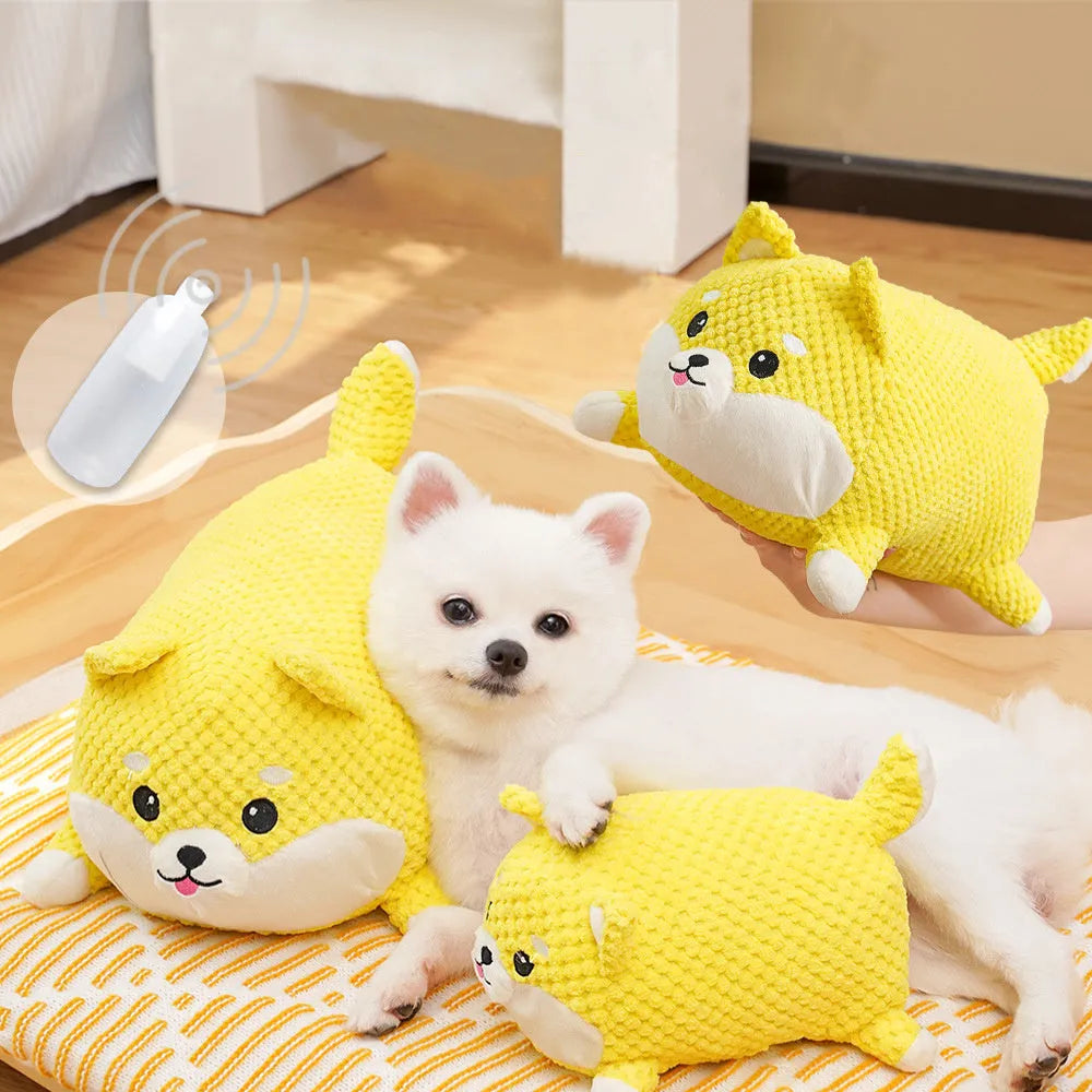 Calming plush dog toy with teeth cleaning chew surface and squeaker