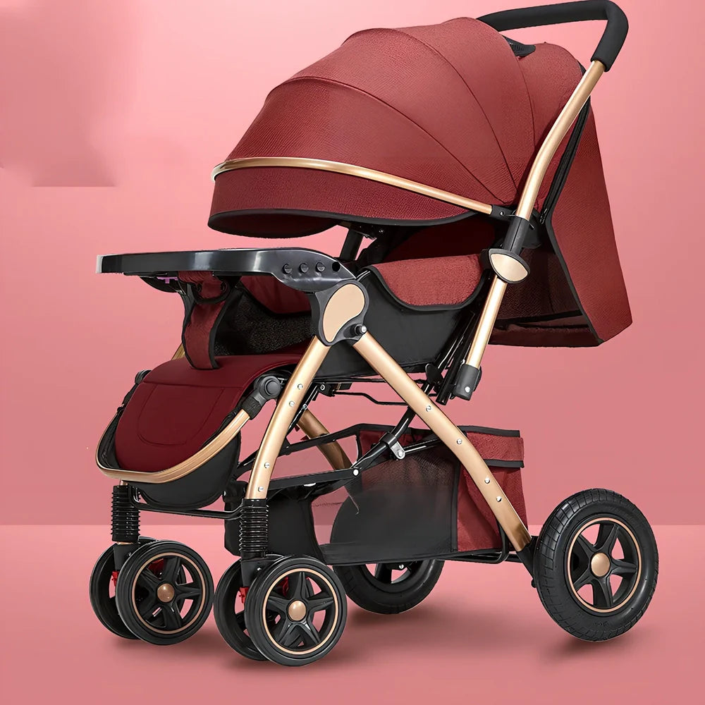 Baby stroller gift box in local gold frame with khaki blended fabric and 20cm rubber rear wheels for newborn use