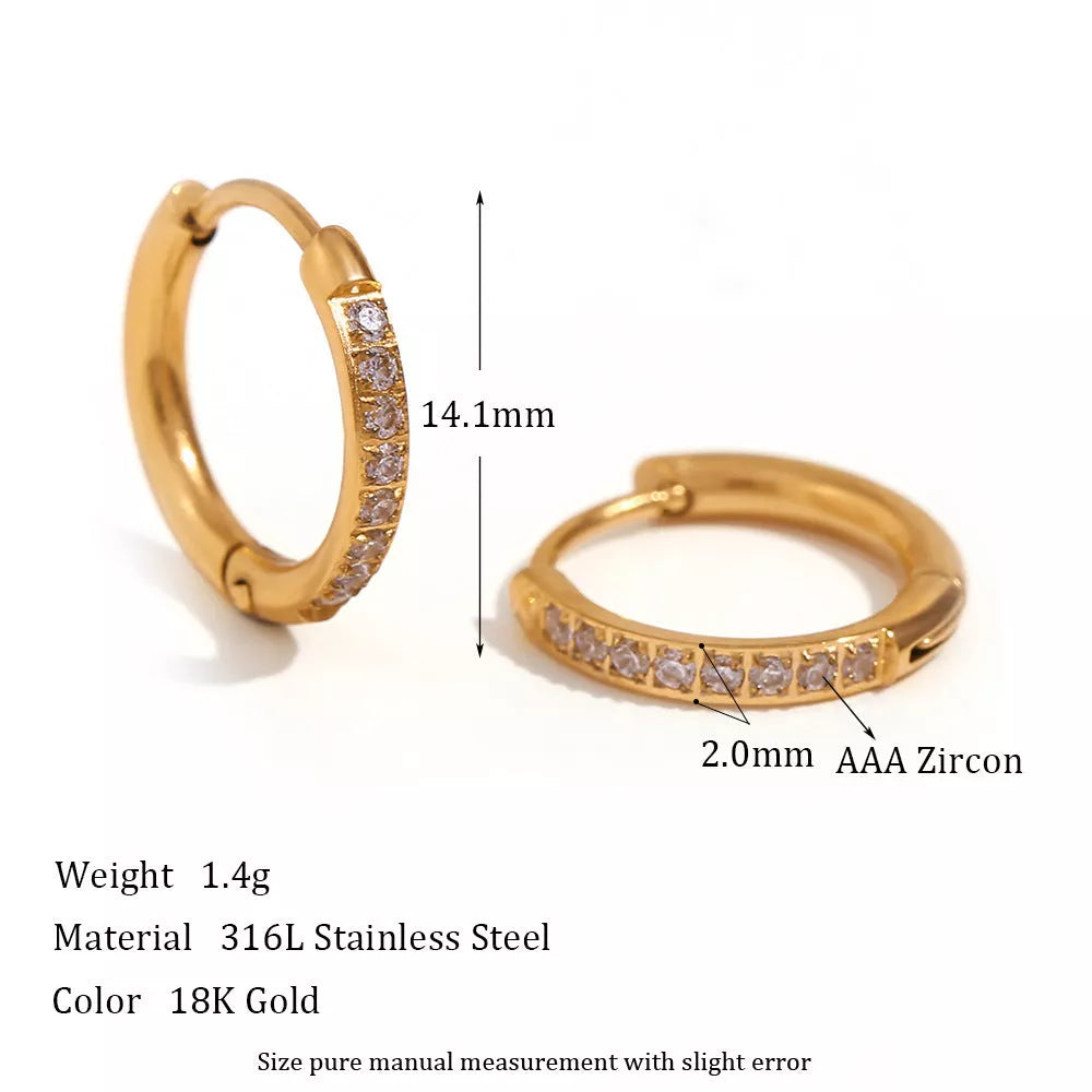 Women's titanium steel rounded edge zircon earrings in gold and steel finishes, sizes 10mm to 16mm