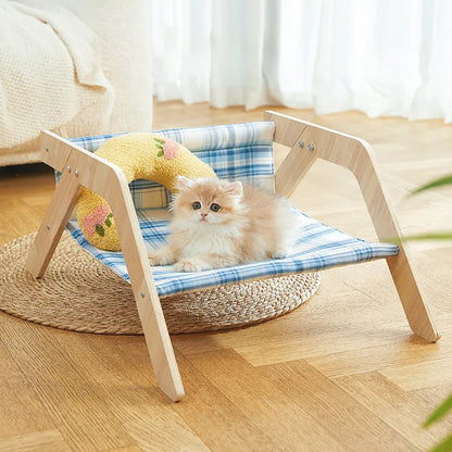Wooden elevated cat hammock bed with soft fabric insert in blue or green colour options