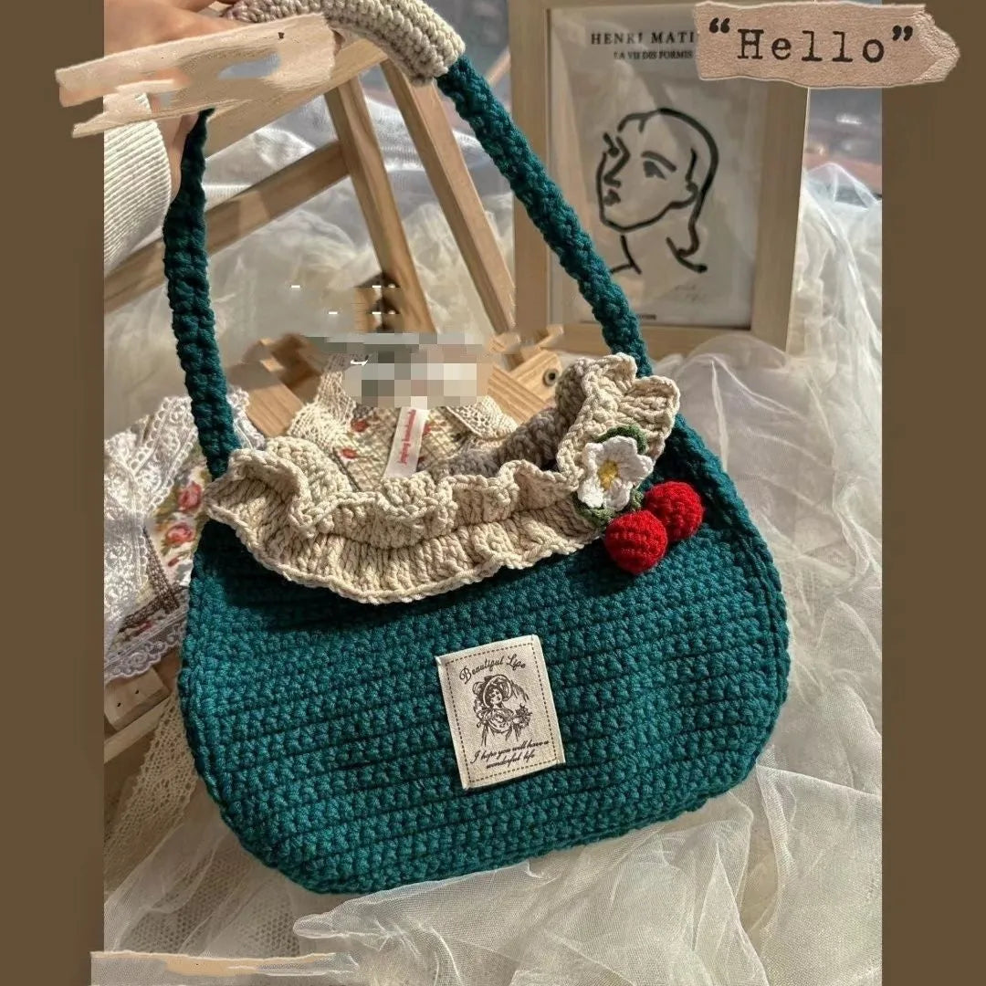 Wool crocheted bear design cloth shoulder bag with wooden handle
