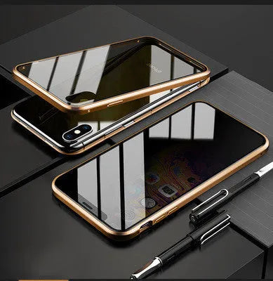 Anti-peep double-sided magneto flip case for iPhone with metal frame and tempered glass.