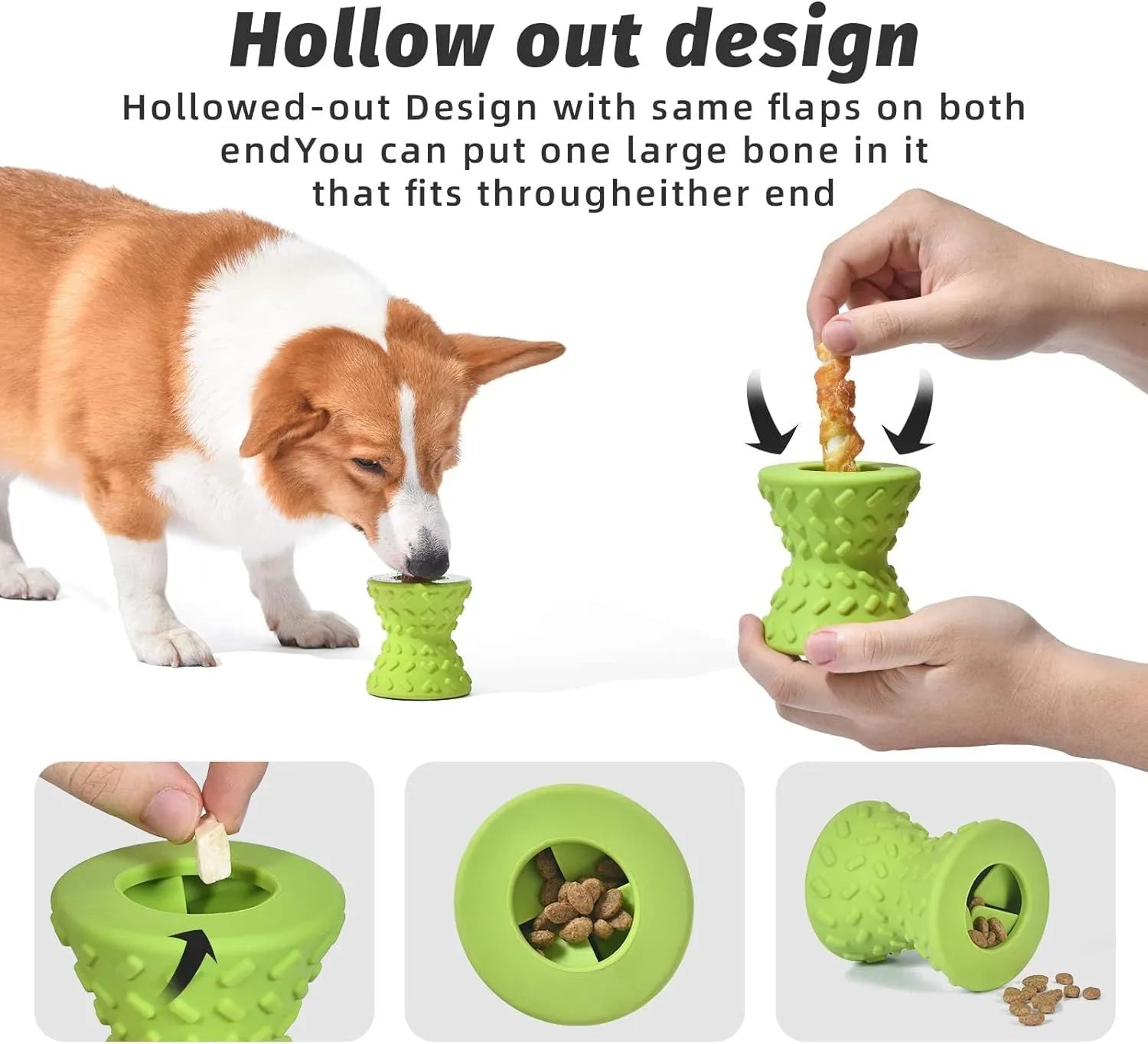 Blue interactive treat dispensing dog bone toy for aggressive chewers with hollow centre and natural rubber material