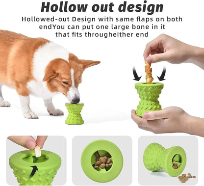 Blue interactive treat dispensing dog bone toy for aggressive chewers with hollow centre and natural rubber material