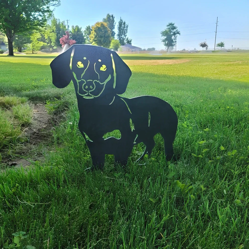 Metal dog silhouette garden decoration showing breed outline on iron background for outdoor display