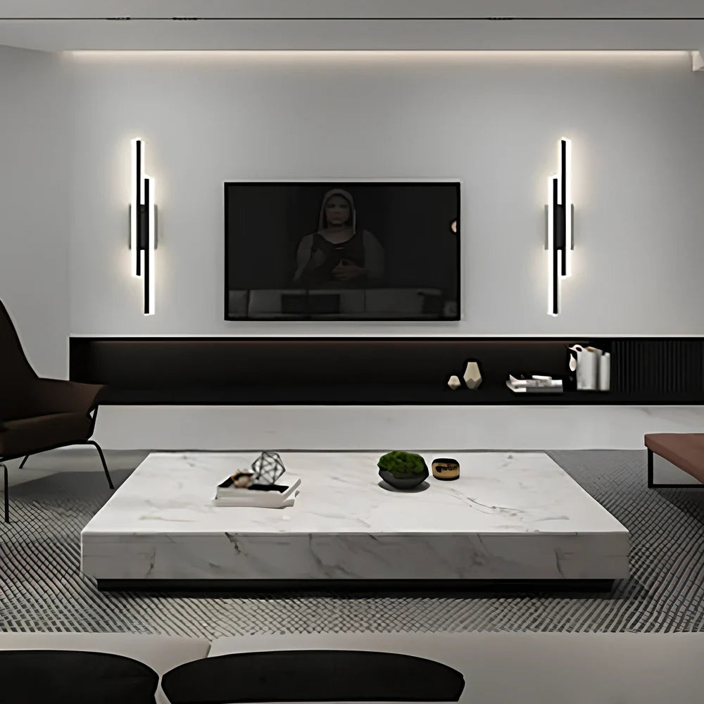 Scandinavian minimalist LED indoor wall light in 50cm black finish with tricolour acrylic shade, 220V powered for home use