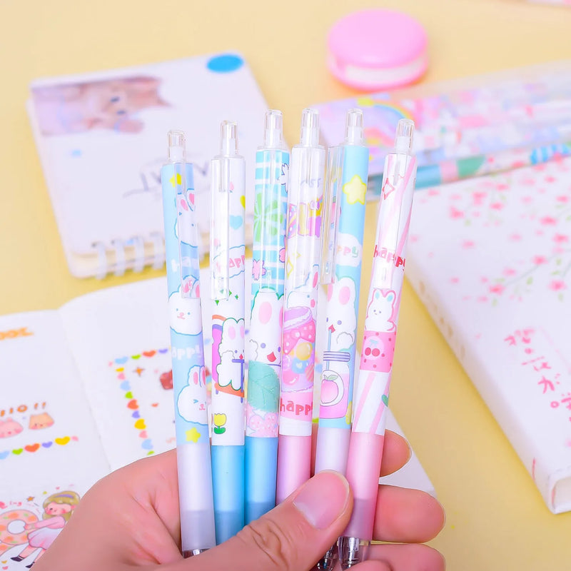 Cartoon Bunny Student Stationery Black Signature Pen with 0.5mm Fine Tip - Set of 6 Plastic Pens for School Writing, Note-Taking and Office Use