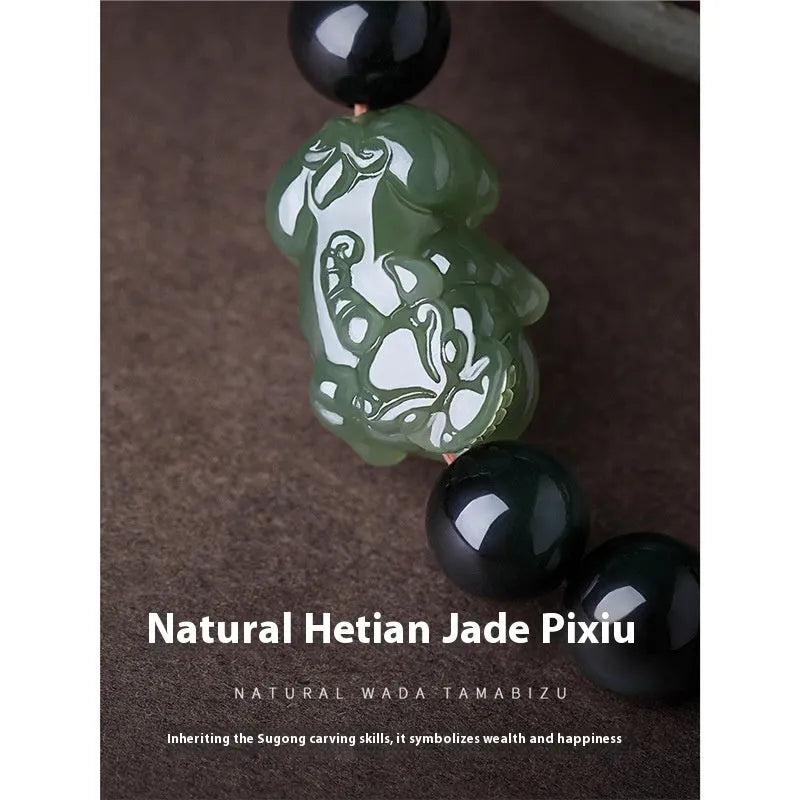 Natural rainbow eye obsidian bracelet in 10mm, 12mm, or 14mm sizes for crystal healing, self-wear or gift giving, available in gold obsidian and jade pi xiu colour options
