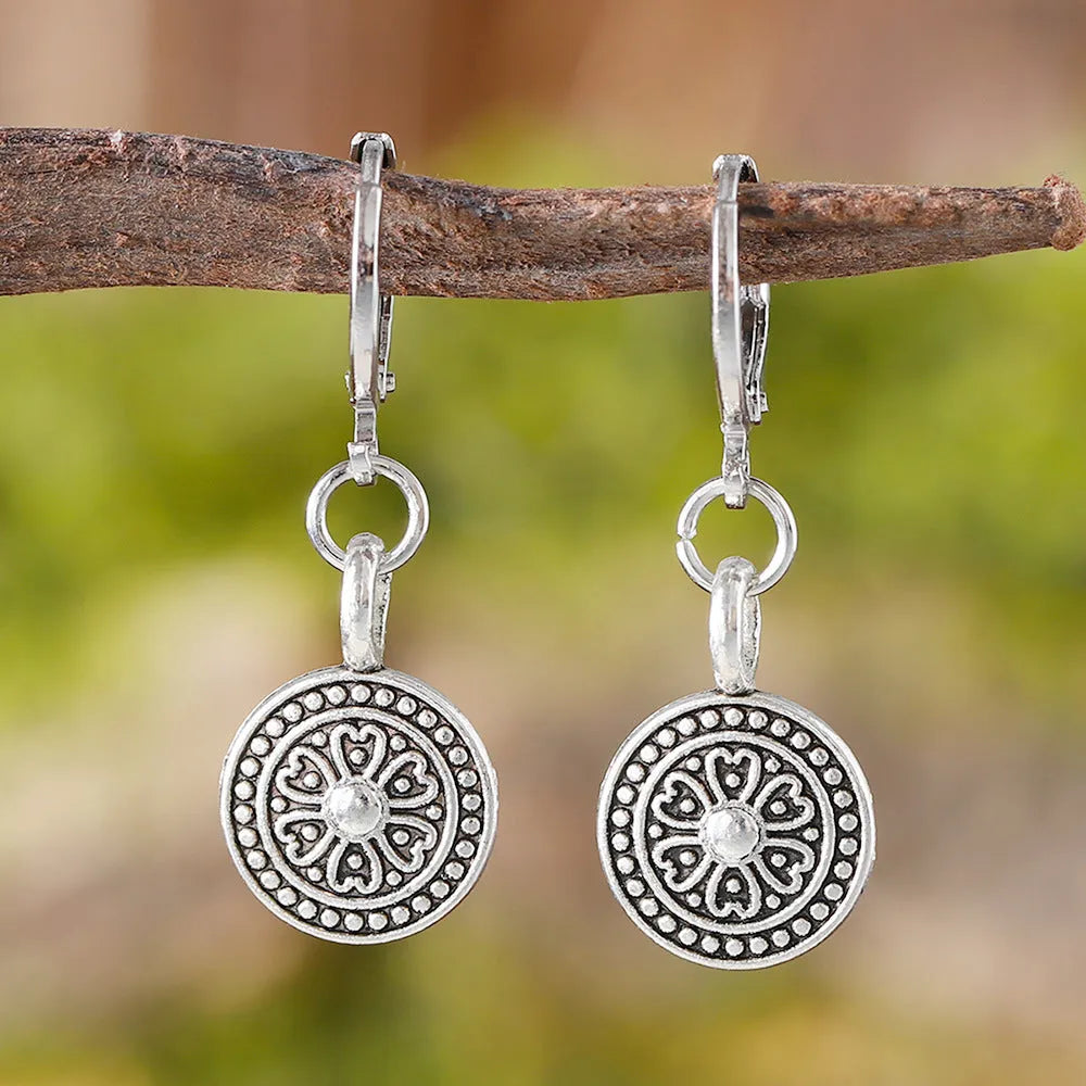 Geometric zinc alloy earrings with distressed ethnic print in retro bohemian style