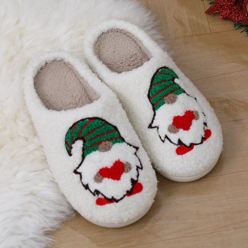 Cozy Santa Claus-themed plush slippers with soft, short-pile fabric and durable TPR soles for indoor wear and holiday cheer