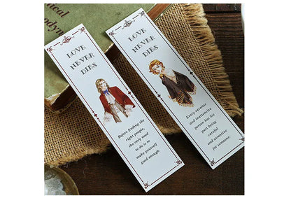 Pack of 30 white cardboard bookmarks with four artistic designs, measuring 40 by 150 millimetres.
