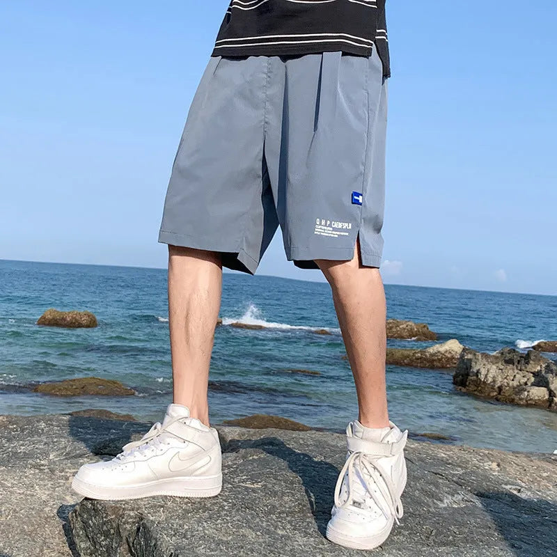 Men's ice silk shorts, thin quick-drying casual pants, mid-waist straight tube, five-quarter length, solid colour