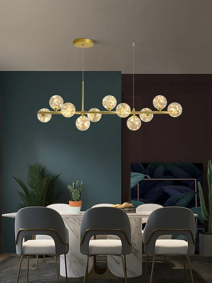 Multi-head LED pendant lamp with glass shades in black or gold, measuring 45-120cm diameter