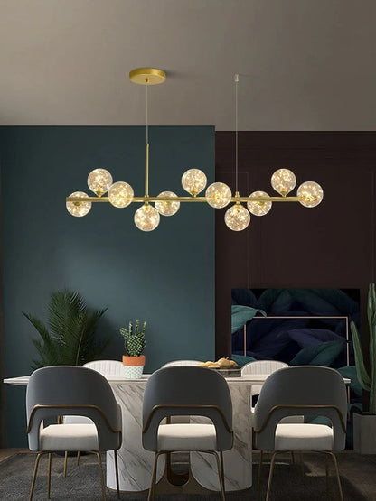 Multi-head LED pendant lamp with glass shades in black or gold, measuring 45-120cm diameter