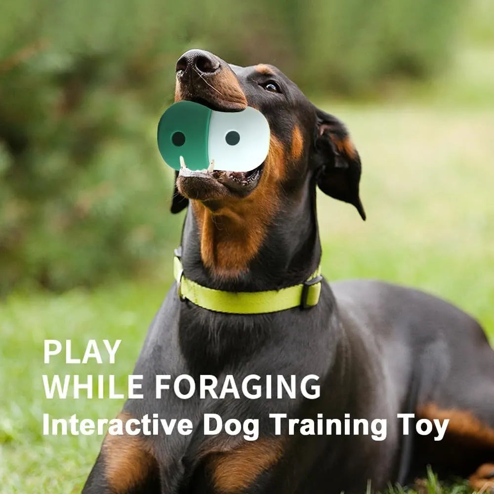 White and blue treat-dispensing puzzle toy for dogs with detachable design and rolling action