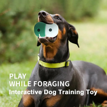 White and blue treat-dispensing puzzle toy for dogs with detachable design and rolling action