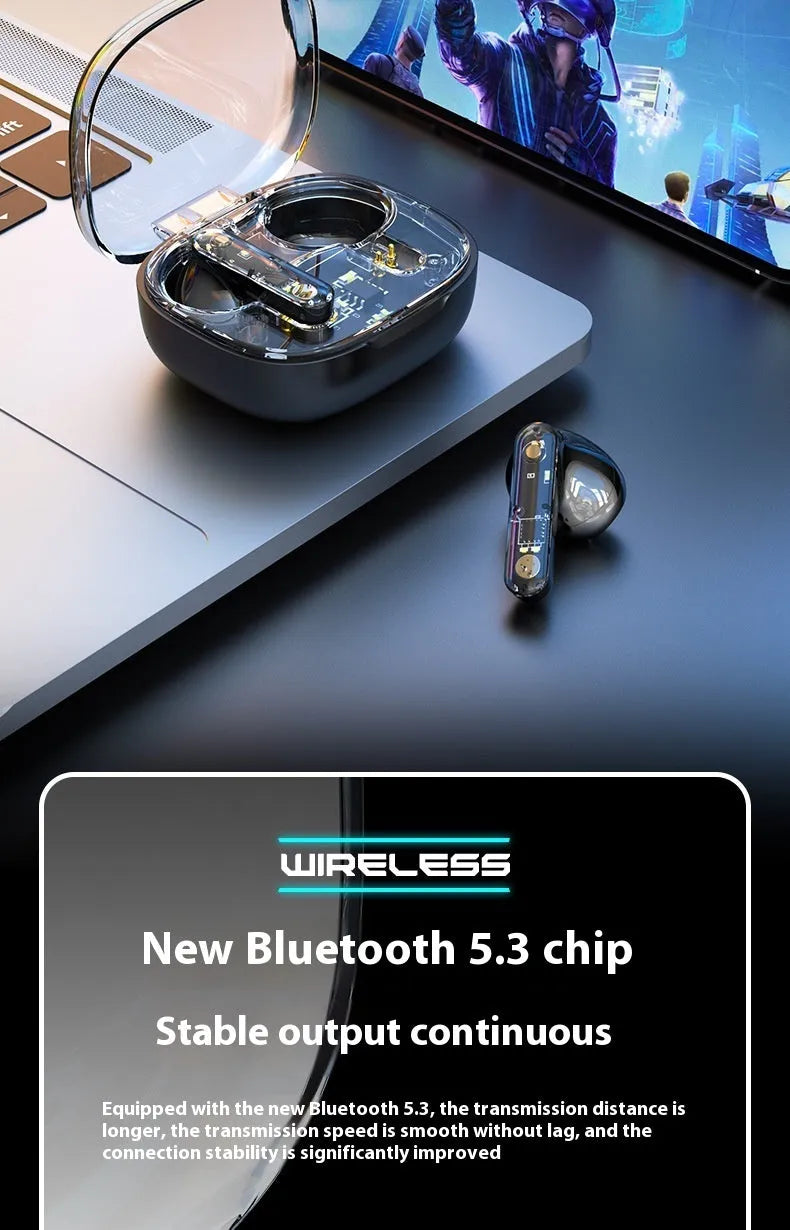 Translucent in-ear Bluetooth headset in clear, transparent black or transparent red with ABS shell and V5.3