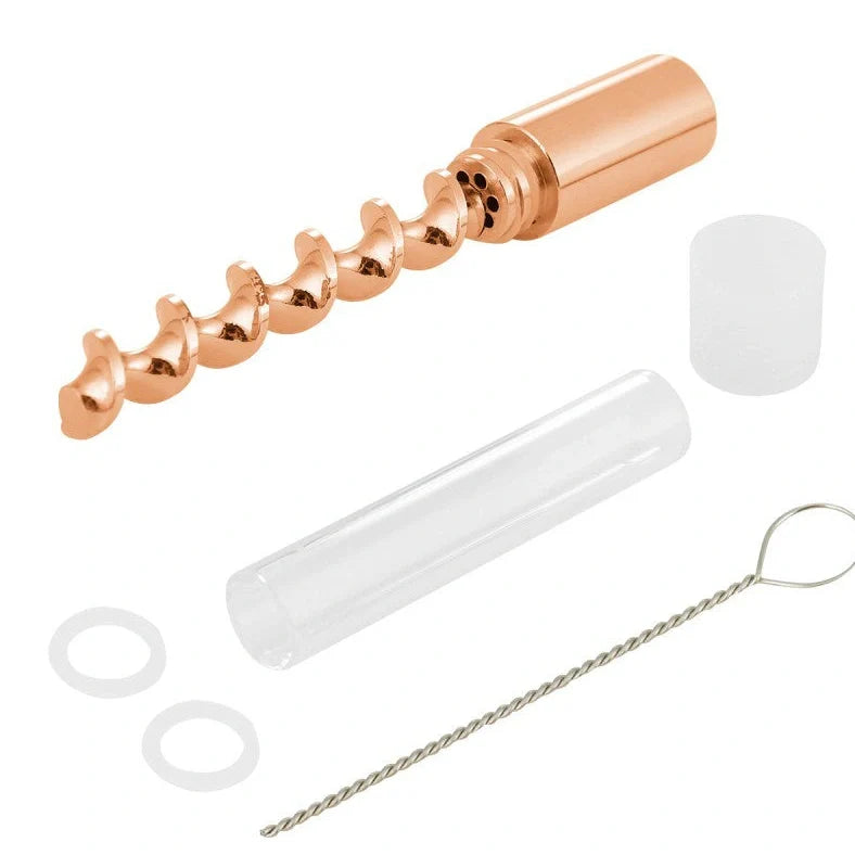 Spiral pipe atomizer with 78mm glass tube and metal fittings in compact packaging