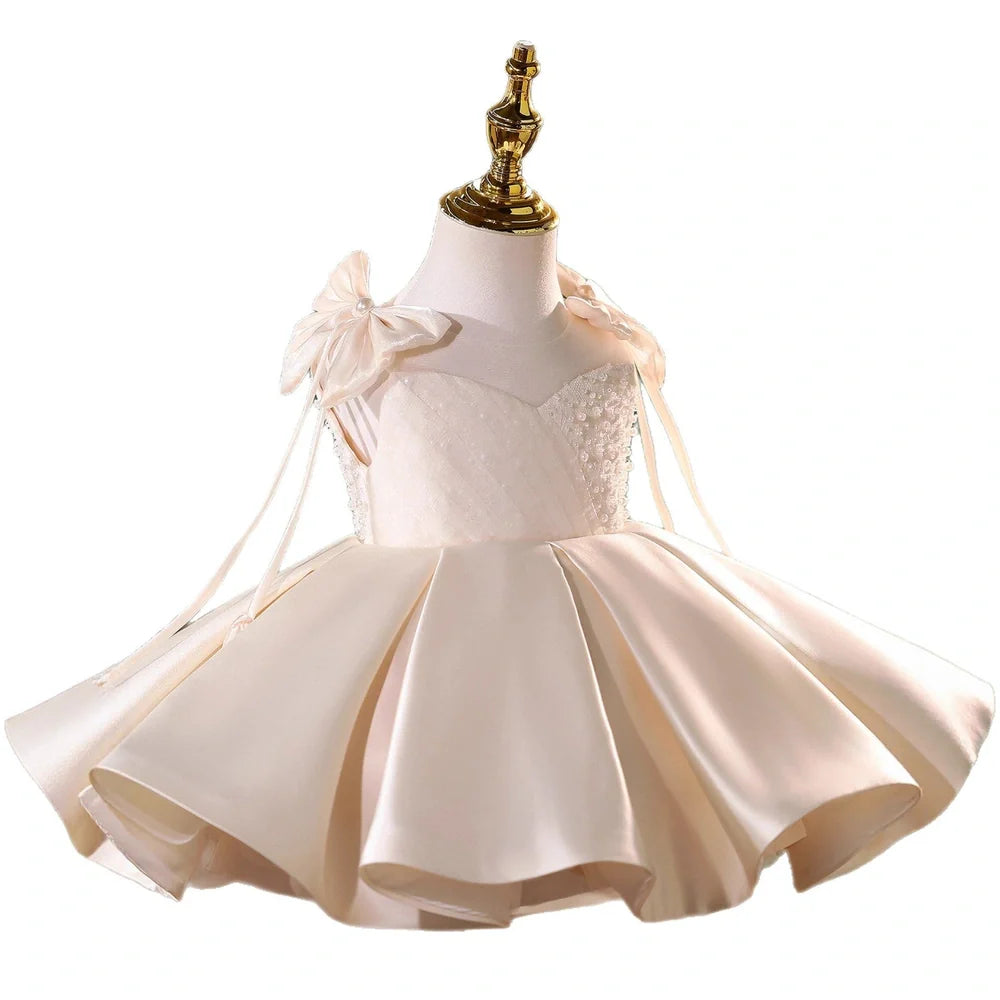 Girls' champagne polyester piano dress with pettiskirt in princess style showing height sizing options