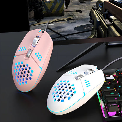 Wired gaming mouse with honeycomb shell and cooling fan, showing ergonomic ≥120mm design with 6 programmable buttons