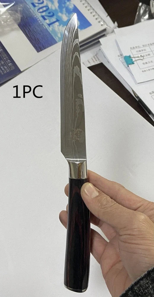 Coloured wooden handle steak knife with serrated stainless steel blade for cutting meats and fruits