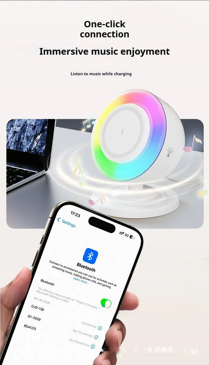 Three-in-one wireless charger with Bluetooth audio and coloured lights, 15W, in black or white