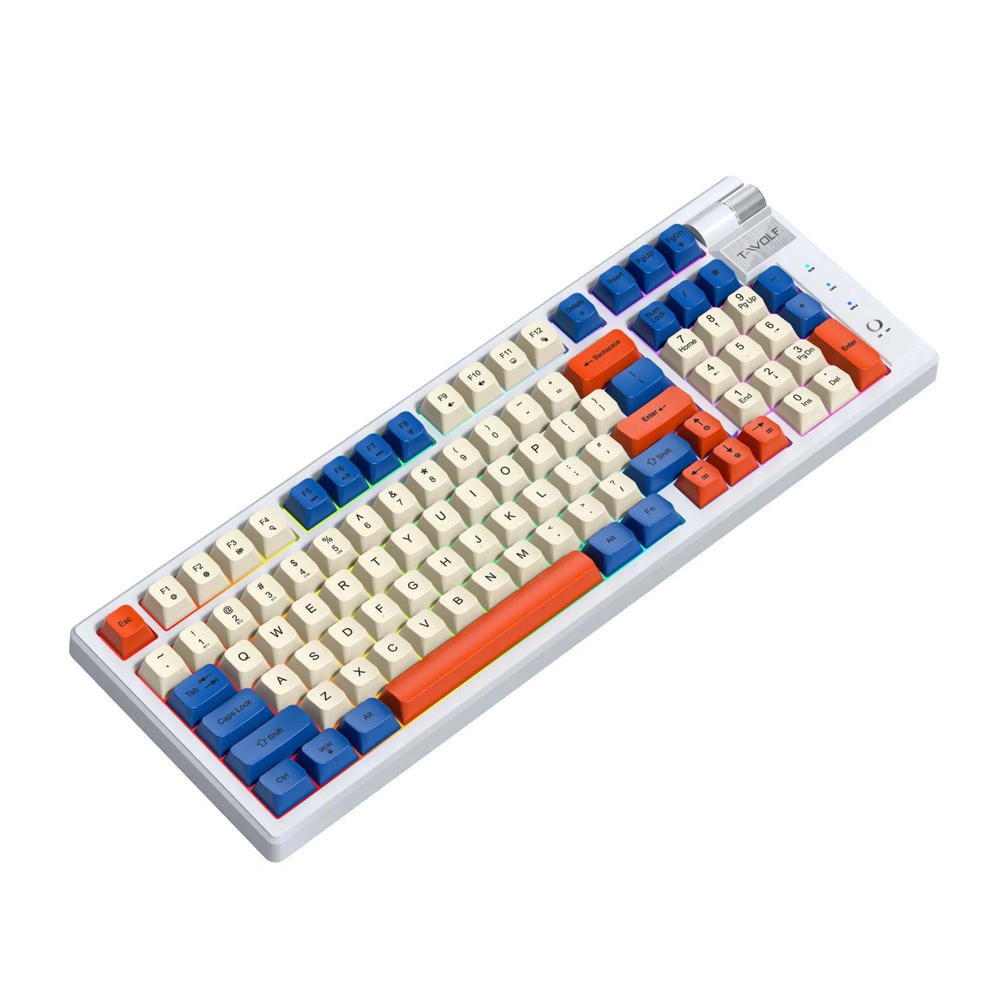 Bluetooth mechanical gaming keyboard with charging cable in blue and orange colour scheme