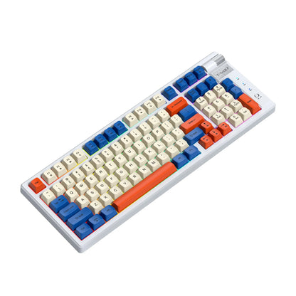 Bluetooth mechanical gaming keyboard with charging cable in blue and orange colour scheme