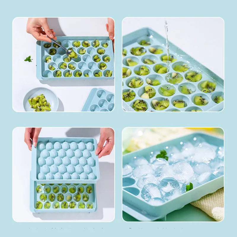 3D round ice moulds in sky blue or pink colours showing 18 and 33 grid options