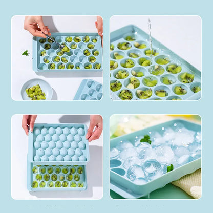 3D round ice moulds in sky blue or pink colours showing 18 and 33 grid options