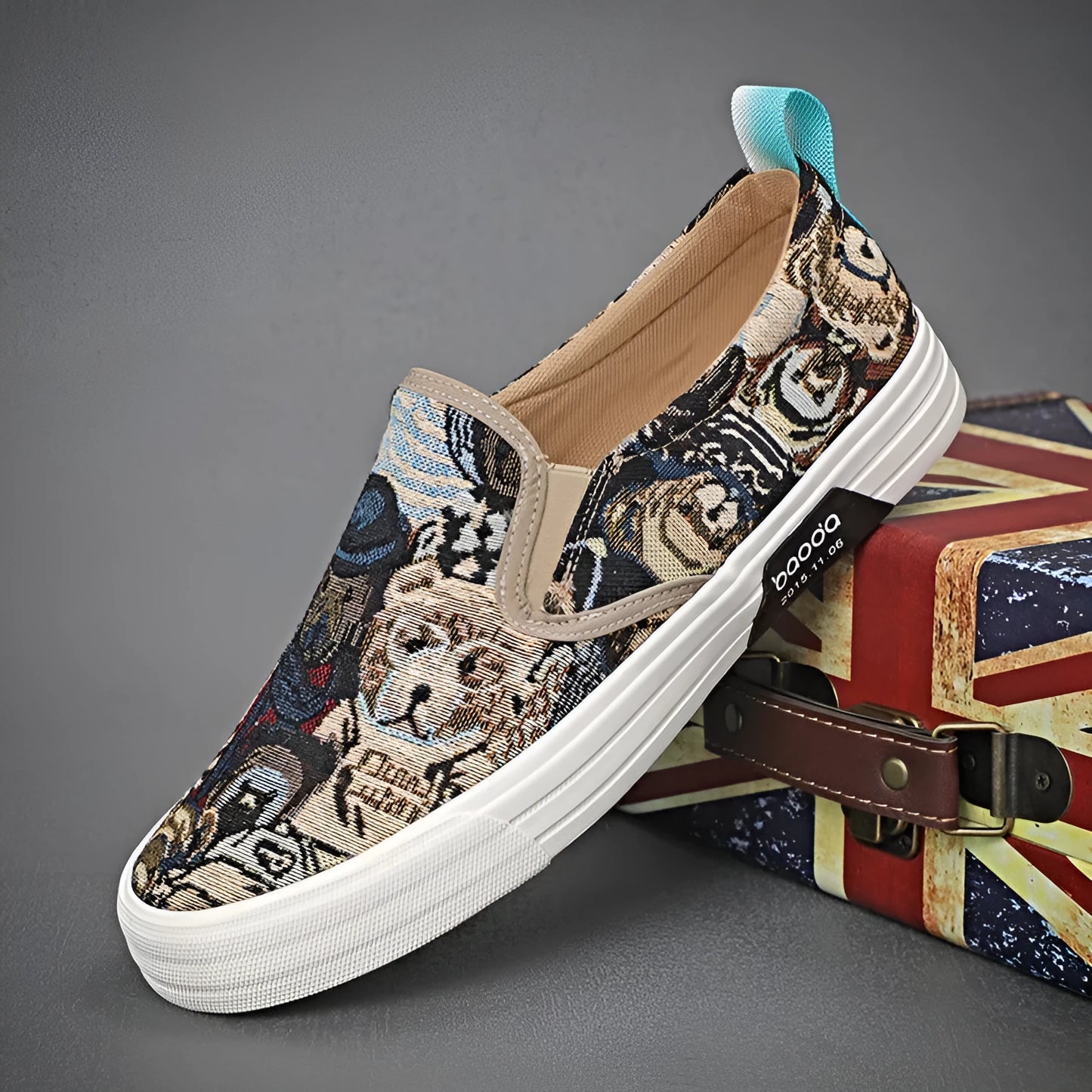 Men's low top canvas slip-on sneakers in khaki colour with vulcanised rubber sole.
