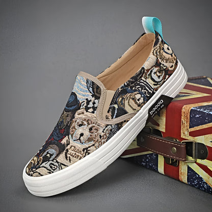 Men's low top canvas slip-on sneakers in khaki colour with vulcanised rubber sole.