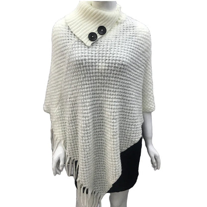 Sleeveless polka dot shawl in apricot colour draped over chair, showing 150cm length and acrylic fibre texture