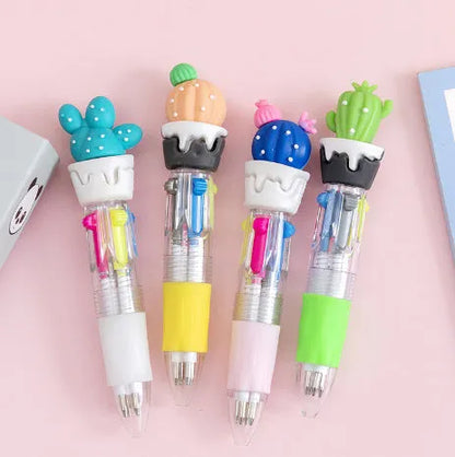 Cartoon-themed four-colour press ballpoint pen with 0.7mm tip showing random design selection