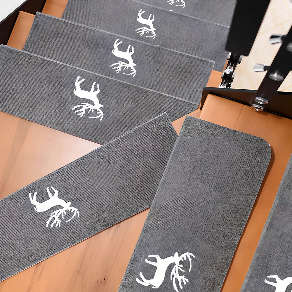 Self-adhesive luminous stair mat with glow strips on wooden staircase, rectangular design with hemmed edges