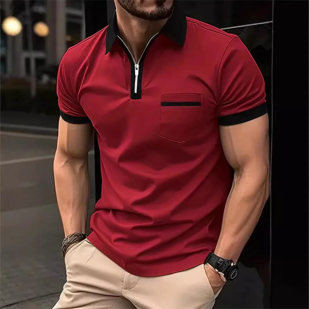 Men's short sleeve casual shirt with chest pocket zipper decoration in multiple colour combinations