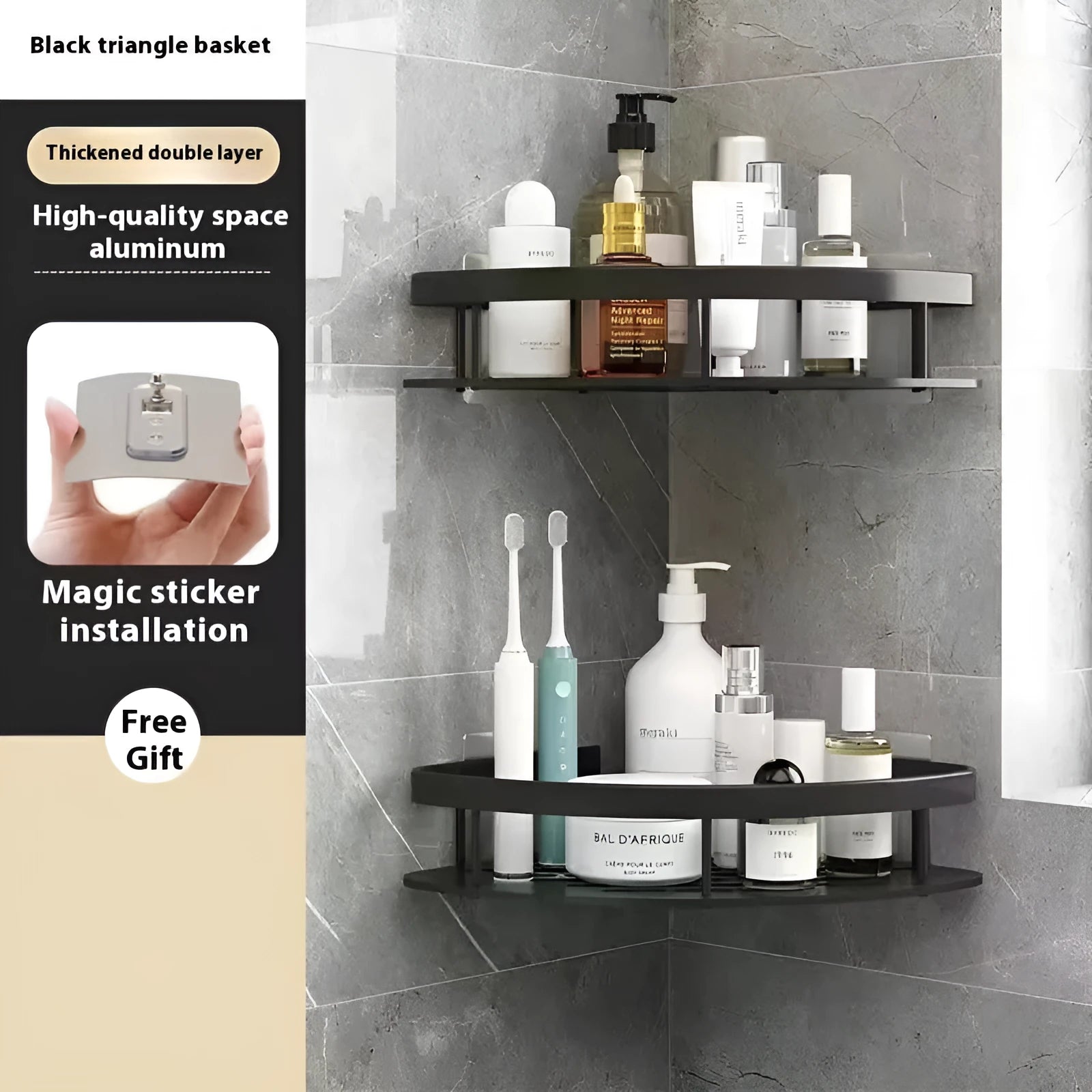Black punch-free wall-mounted double-layer triangle bathroom storage rack