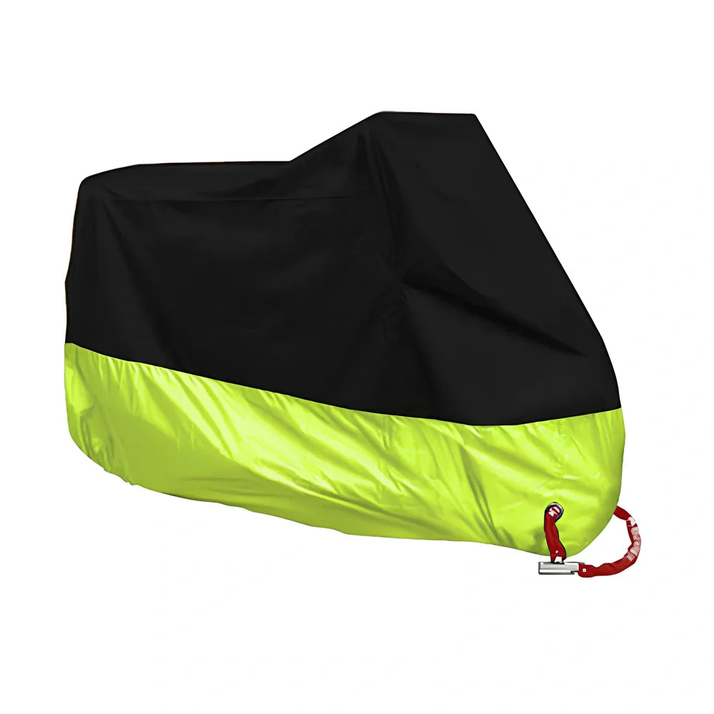 Silver coated motorbike cover showing colour blocking design on black background