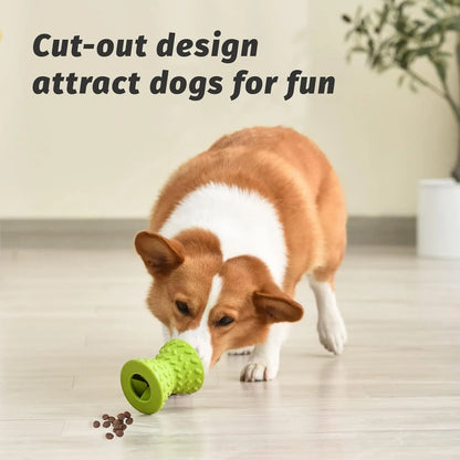 Blue interactive treat dispensing dog bone toy for aggressive chewers with hollow centre and natural rubber material