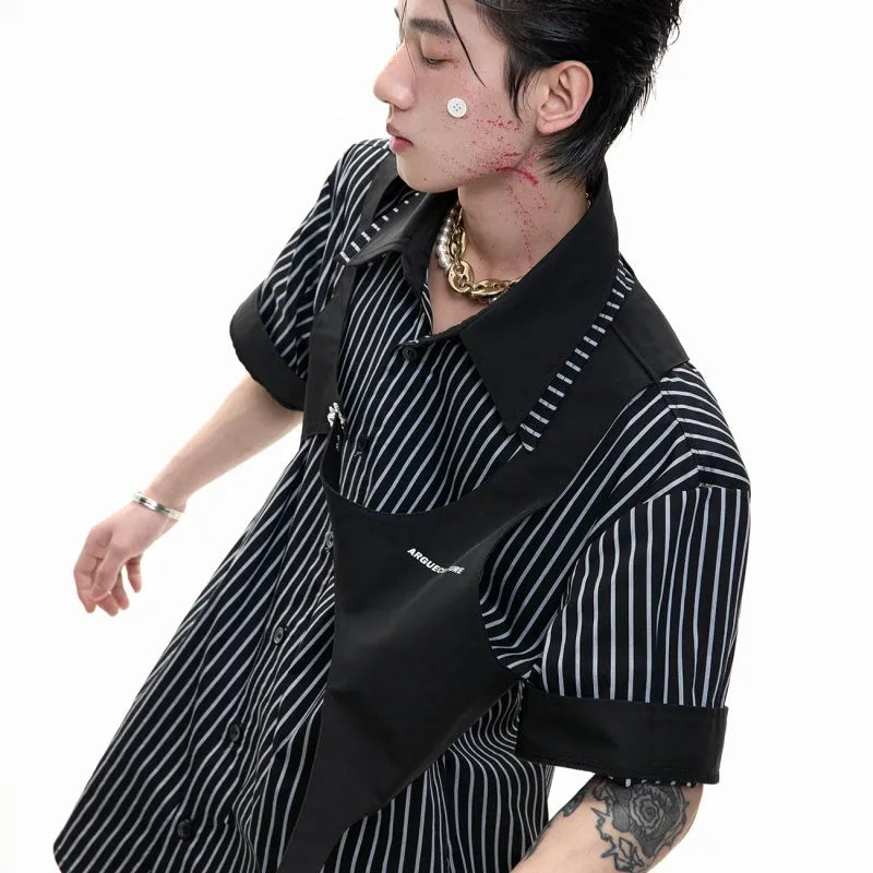 Men's short sleeve shirt with double collar design featuring black and white stripes in a cotton loose fit, available in silver Sapporo black and silver Sapporo white colour options with sizes S M L XL.