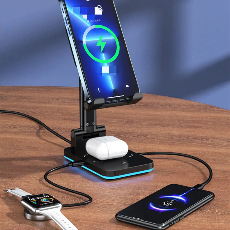 Black desktop wireless charging stand holding mobile phone at angle with power cord connected